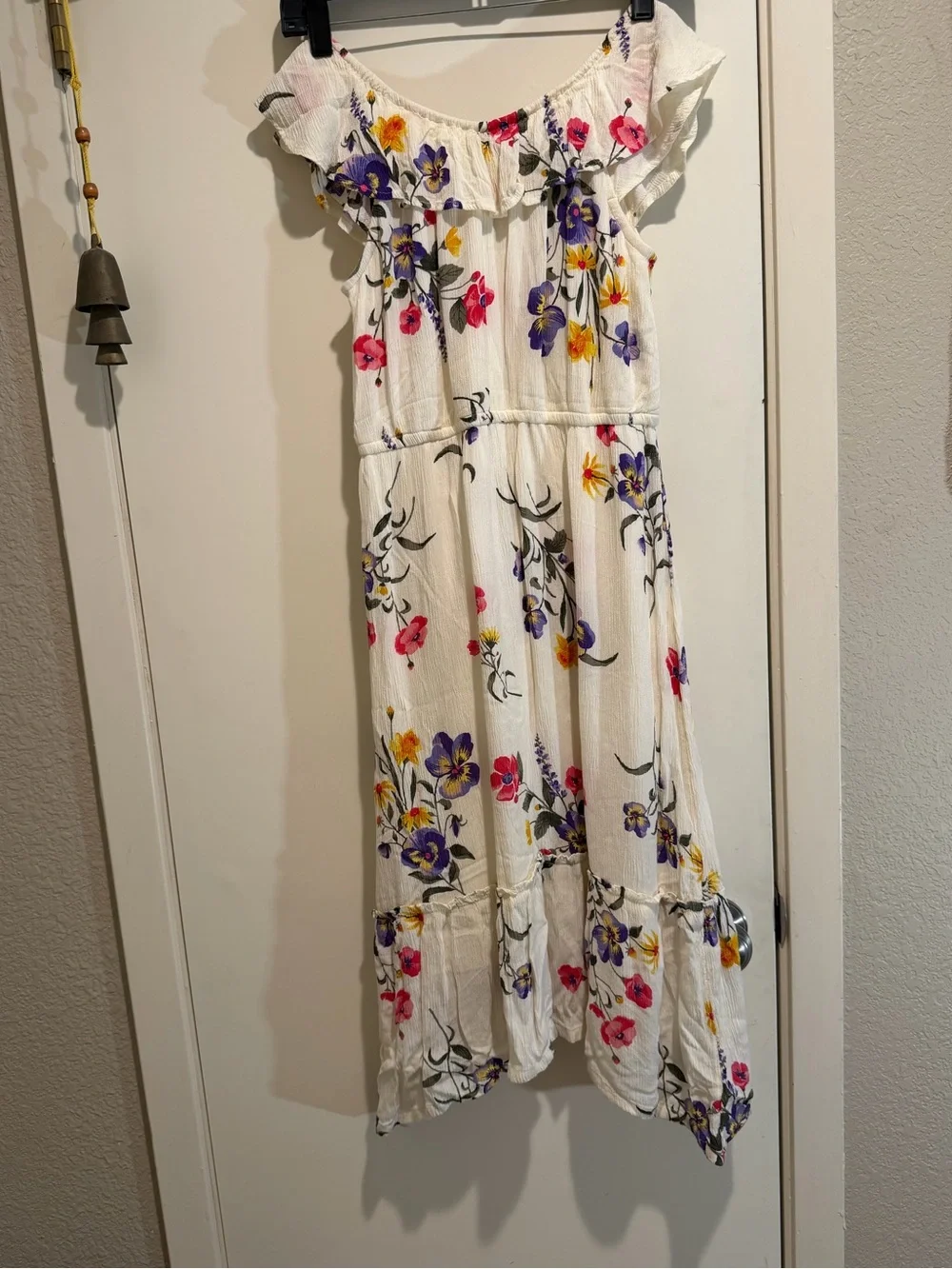 Girls' Cream Floral Ruffle Midi Dress